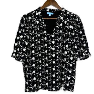 Draper James Black Floral Blouse White Vine Print V-Neck Short Sleeve Top XXL